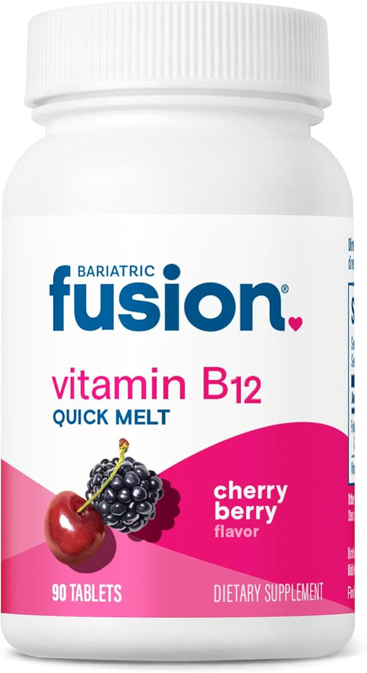 Bariatric Fusion Vitamin B12 Melt | Cherry Berry Flavored Tablets | Dissolves On Your Tongue B 12 Vitamin 1000 mcg and Folic Acid | Vegan B12 Vitamins | Gluten, Dairy & Soy Free | 90 Count