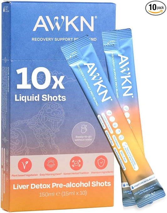 AWKN Morning Recovery Drink & Probiotics Pre-Drinking Shot - Milk Thistle, Korean Ginseng - 10 Liquid Sachets