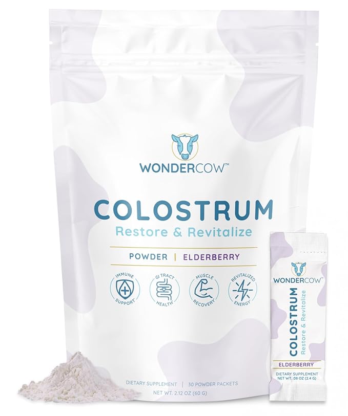 WONDERCOW Colostrum Powder Supplement for Gut Health, Immune Support, Muscle Recovery & Wellness | 40% IgG Highly Concentrated Pure Bovine Colostrum Superfood, Gluten Free, Elderberry, 30 Servings