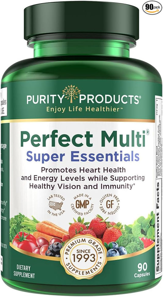 Purity Products Perfect Multi Super Essentials - Multivitamin + Fruits and Vegetables + Promotes Healthy Day and Night Vision Featuring Lutein, Zeaxanthin and Black Currant Extract - 90 Capsules