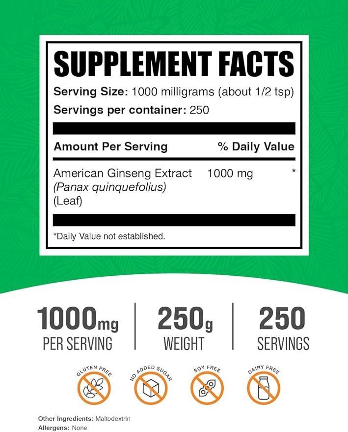 BulkSupplements.com American Ginseng Extract Powder - Ginseng Supplement, American Ginseng Powder, Ginseng Herbal Supplements - Gluten Free, 1000mg per Serving, 250g (8.8 oz) (Pack of 1)