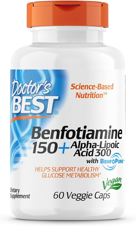 Doctor's Best Benfotiamine 150 + Alpha-Lipoic Acid 300, Non-GMO, Vegan, Gluten Free, Promotes Healthy Blood Sugar, 60 Veggie Caps