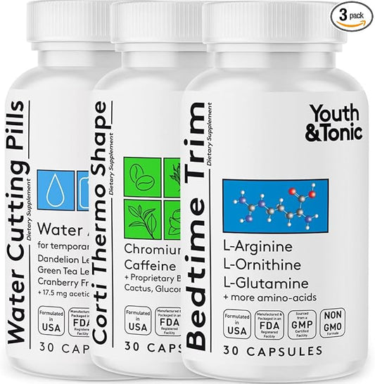Youth & Tonic Shred Sculpt Lean 3 x Diet Pills w Water Weight Away & Cortithermo Shape & Bedtime Trim as Support for Metabolism Energy Cravings Water Retention Loss & Belly Bloating for Women & Men