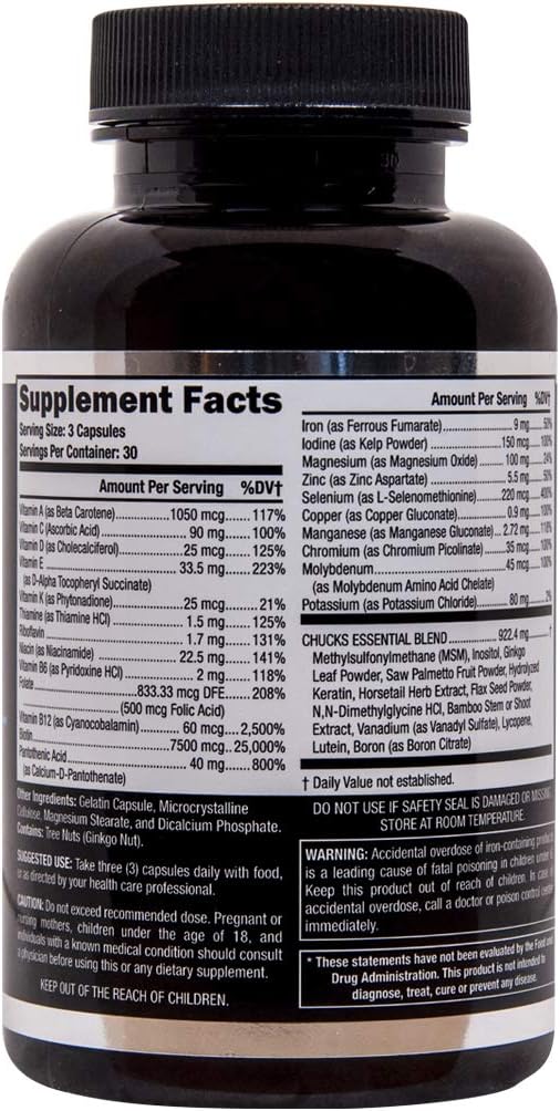 Chucks Essentials - The Bearded Mans Multivitamin, for Faster Growing Beard, Loaded with The Vitamins and Minerals Essential for Healthy, Thicker, Stronger, and Faster Growing Hair, 90 Capsules