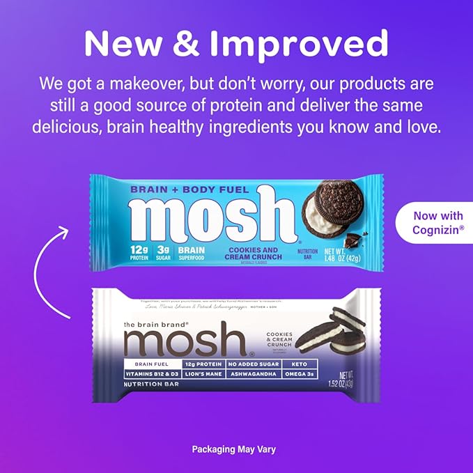 MOSH Cookies and Cream Crunch Bars, 12g Grass-Fed Protein, Keto Snack, Gluten-Free, No Added Sugar, Lion's Mane, B12 Vitamins, Supports Brain Health, Workout Recovery, Breakfast To-Go (12 Bars)…