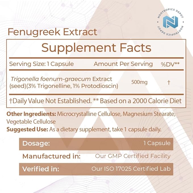 Nootropics Depot Fenugreek Extract Capsules | 500mg | 60 ct | 3% Trigonelline, 1% Protodioscin | Trigonella foenum-graecum | Mood, Fitness, & Metabolic Function