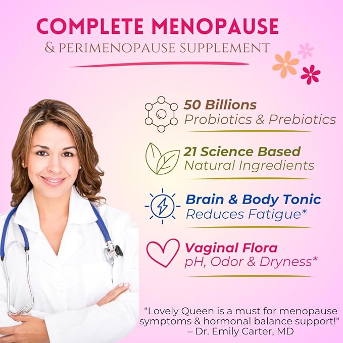Lovely Menopause Supplement for Women - Hormone Balance, Hot Flashes, Mood Swings, Night Sweats & Vaginal Health, Dryness Relief - Black Cohosh, Dong Quai, Ashwagandha & Probiotics, 60 ct