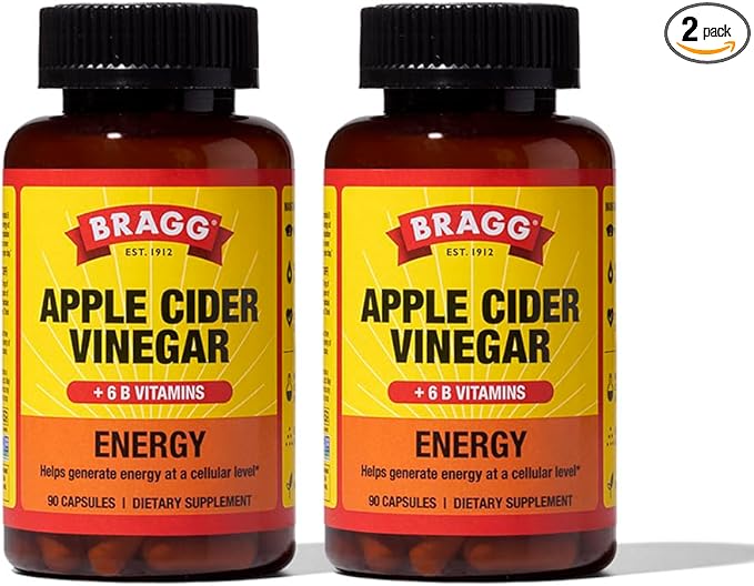 Bragg Energy Apple Cider Vinegar Capsules with B Vitamins - (2 Pack) 90 Capsules - Helps Generate Energy at Cellular Level