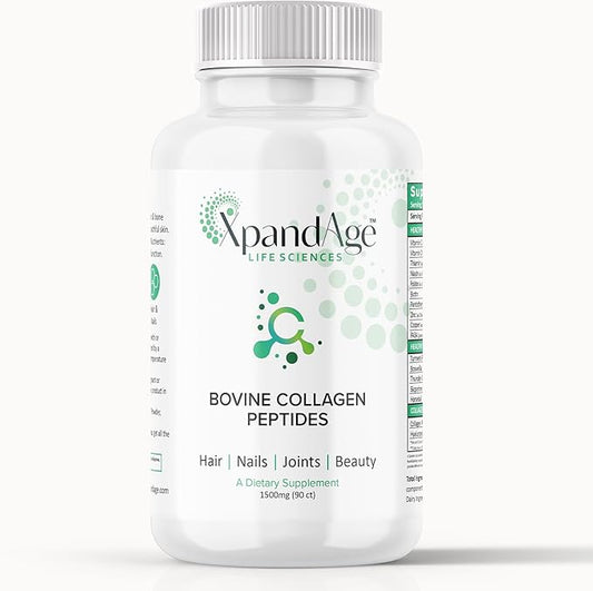 XpandAge's Bovine Collagen Peptides contain Biotin, Niacin, Vitamin C, Vitamin D, Thiamin, Paba, Hyaluronic acid, Turmeric, Bioperine, and more for healthy Hair, Nails, Beauty, Joint, and Bone health.