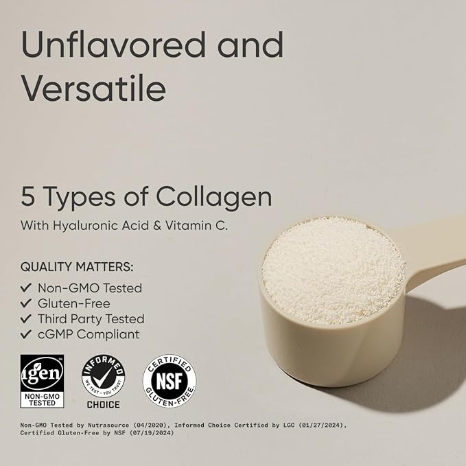 Sports Research Multi Collagen Protein Powder (Type I, II, III, V, X) with Hyaluronic Acid + Vitamin C | 5 Types of Food Based Collagen, 30 Servings (Unflavored)