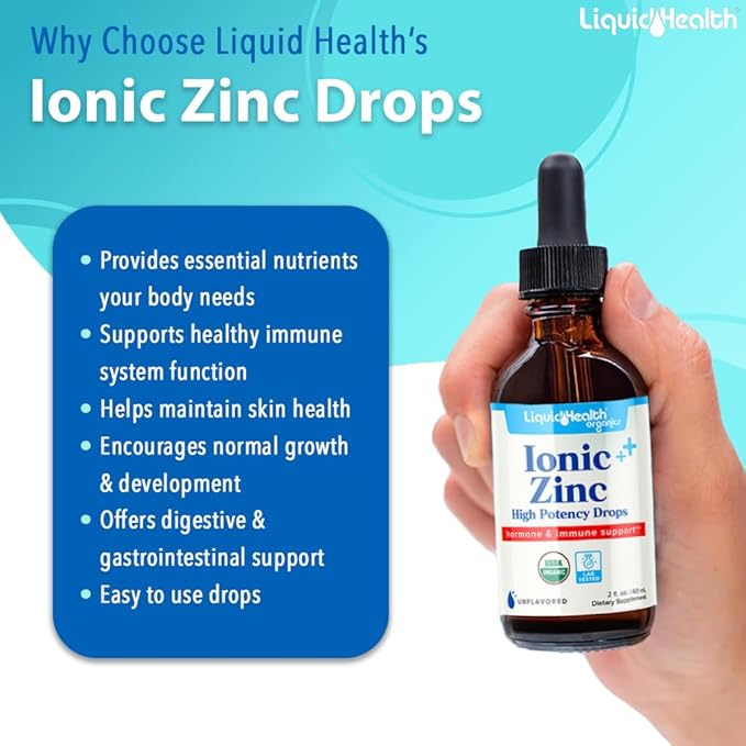 LIQUIDHEALTH Ionic Zinc High Potency Drops, Pure Zinc Trace Mineral Liquid Vitamin Supplement for Adults & Kids Over 4 - Immune Boosting, Digestive Support, Skin & Wound Health - Vegan, Non-GMO (2 oz)