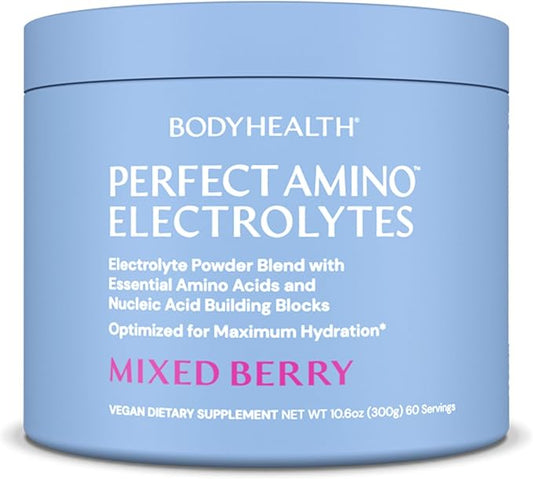 BodyHealth PerfectAmino Electrolytes Powder, Hydration Powder, Sugar Free Electrolyte Drink Mix, Keto Electrolytes Powder, Non GMO, Mixed Berry Flavor (60 Servings)