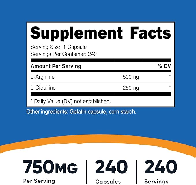 Nutricost L-Arginine L-Citrulline Complex 750mg, 240 Capsules - Non-GMO