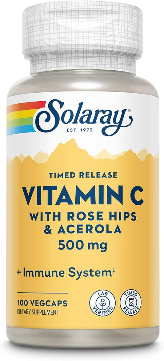 Solaray C w/Rose HIPS & Acerola Two-Stage, Timed-Release, Veg Cap (Btl-Plastic) 500mg | 100ct