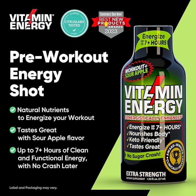 Vitamin Energy Pre Workout Drink - Keto Friendly Sugar Free Shots | Natural Clean Green Tea Caffeine with Proprietary Endurance Blend | Energize up to 7+ Hours - Sour Apple - 1.93 Fl Oz- Pack of 48