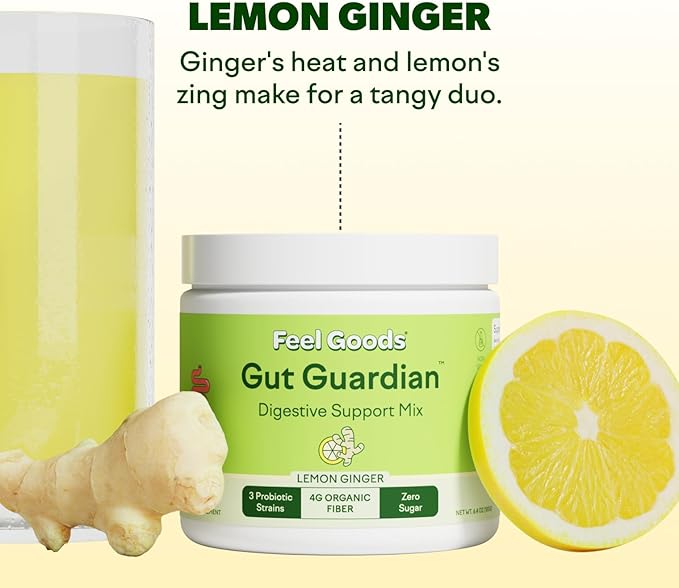 Feel Goods Gut Guardian, Prebiotic & Probiotic Powder, Organic Fiber, Sugar Free, Herbs for Bloat, Gut Health Support, Digestive Health for Men & Women, Non GMO, Vegan | Lemon Ginger, 30 Servings
