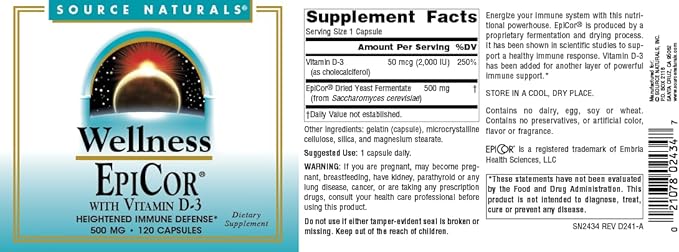 Source Naturals Wellness EpiCor with Vitamin D-3 for Heightened Immune Defense* - 120 Capsules