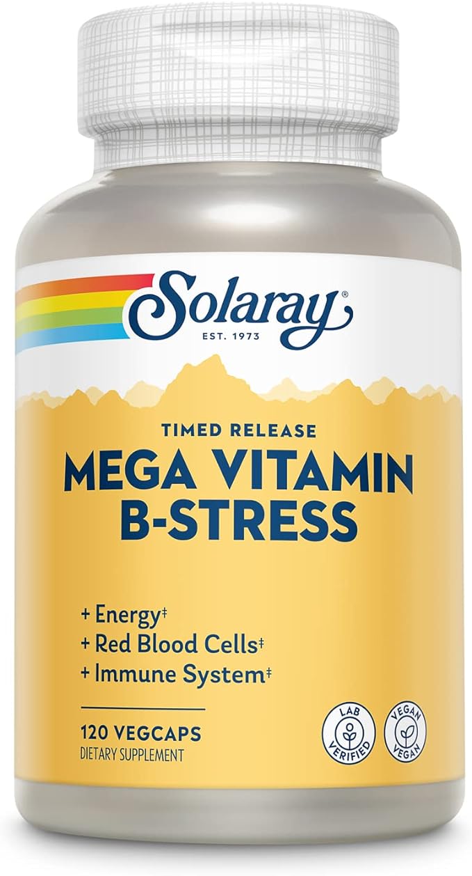 Solaray Mega Vitamin B-Stress, Timed-Release Vitamin B Complex with 1000 mg of Vitamin C for Stress, Energy, Red Blood Cell & Immune Support, 60 Day Guarantee, Vegan, 40 Servings, 120 VegCaps