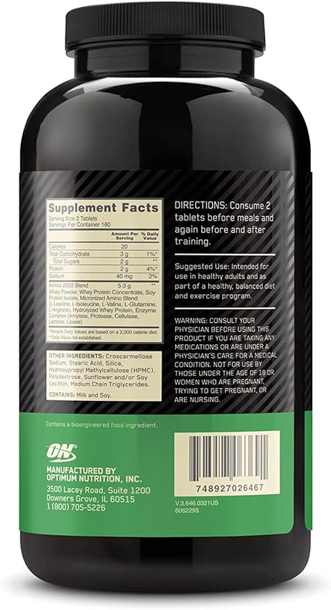 Optimum Nutrition Superior Amino 2222 Tablets, Complete Essential Amino Acids, EAAs, 320 Count