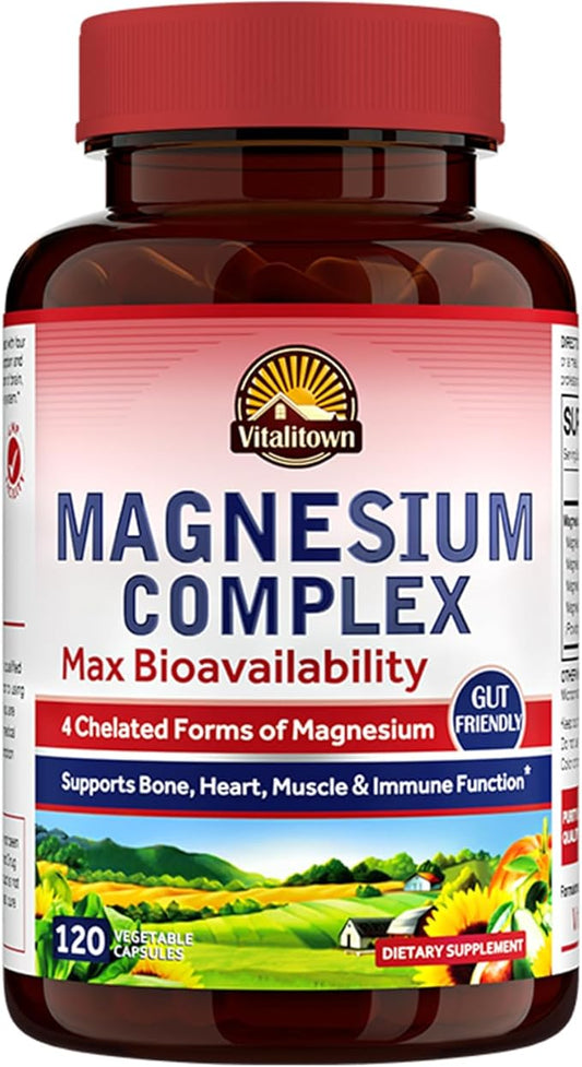 Vitalitown Magnesium Complex Supplement 500mg - Maximized Absorption Chelated Magnesium Glycinate, Malate, Taurate & Citrate - Vegan Non-GMO Magnesium 120 Capsules for Sleep, Muscle, Energy & Heart