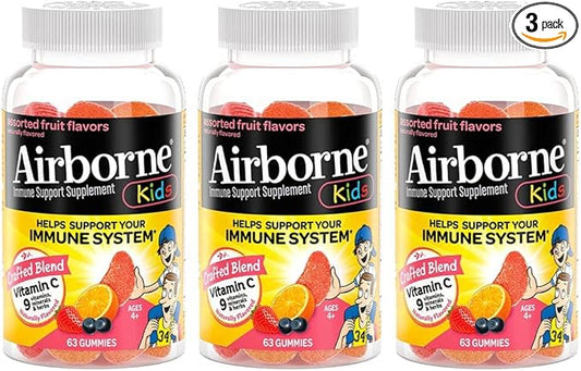 Airborne Kids 500mg Vitamin C Gummies, Kids Immune Support Zinc Gummies with Powerful Antioxidants VIT C & E - 63 Gummies, Assorted Fruit Flavor (Pack of 3)