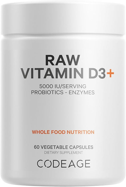 Codeage Raw Vitamin D3+ High Potency 5000 IU Supplement From Saccharomyces Cerevisiae - Raw Vitamin Enhanced with Omega-9, Probiotics, Digestive Enzymes, Fruits & Greens - 2-Month Supply - 60 Capsules