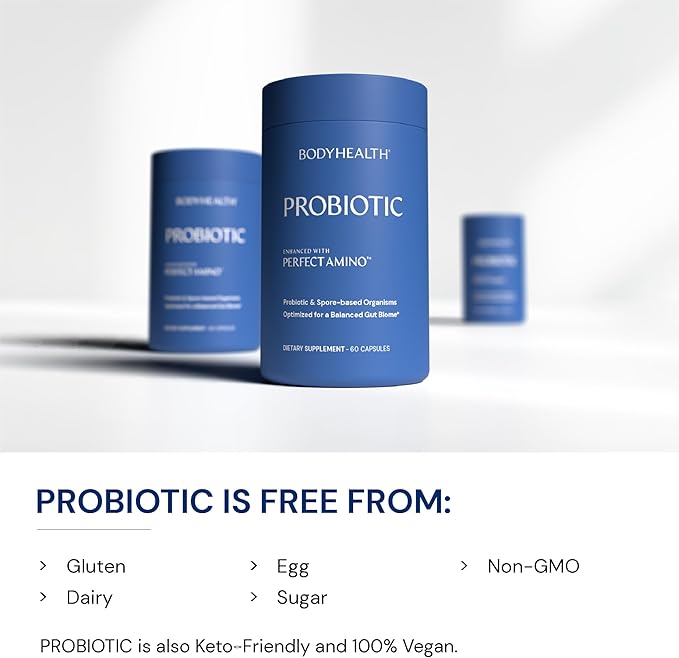 BodyHealth Probiotic Enhanced with PerfectAmino, Digestive Probiotic for Women and Men, Spore Based Probiotic with Bifidobacterium, Lactobacillus Salivarius, Lactobacillus Acidophilus (60 Capsules)
