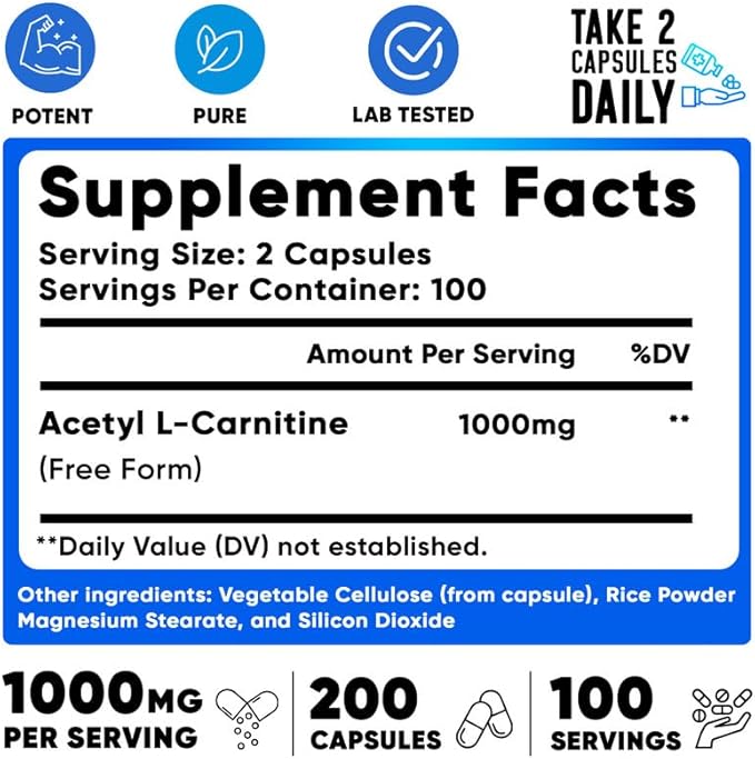 We Like Vitamins Acetyl L-Carnitine 1000mg Capsules - 200 Easy to Swallow Veggie Capsules - Acetyl l Carnitine Supplement Helps Support Focus, Brain Function, and Energy