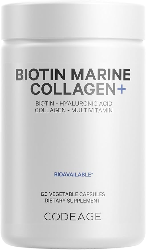 Codeage Biotin Marine Collagen Peptides - Wild-Caught Marine Collagen Types I & III, 10,000 mcg Biotin, Vitamins C & E, Hyaluronic Acid, Amino Acids, Fruit and Herb Blend, Non-GMO - 120 Capsules