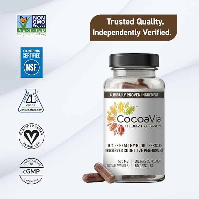 CocoaVia Heart & Brain Supplement, 30 Day, Cocoa Flavanol Extract, Memory & Circulation Booster, Nitric Oxide, Boost Oxygen & Energy, Plant Based, Gluten Free, Vegan, 60 Capsules