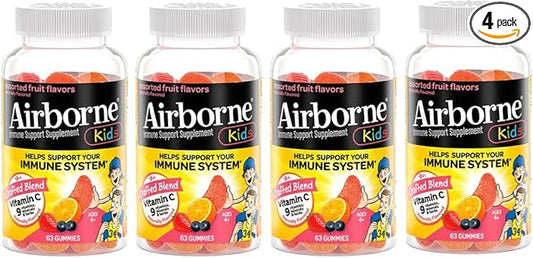 Airborne Kids 500mg Vitamin C Gummies, Kids Immune Support Zinc Gummies with Powerful Antioxidants VIT C & E - 63 Gummies, Assorted Fruit Flavor (Pack of 4)