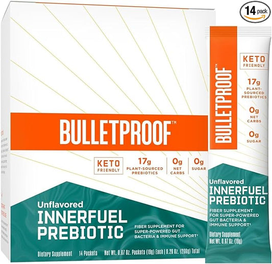 Bulletproof Unflavored Innerfuel Prebiotic Fiber Powder Packets, 14 Count, Supplement for Gut Health, Digestive Health and Immune Support, Plant Sourced Prebiotics