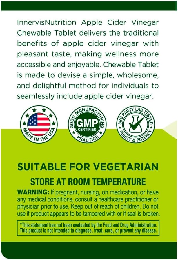 Apple Cider Vinegar 120 Chewable Tablets Healthy Heart Immune Support Energy Production Supplement