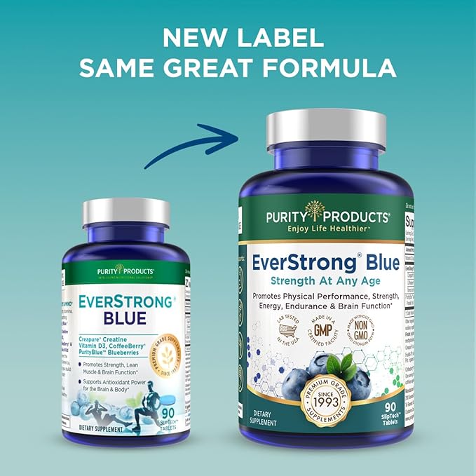 Purity Products EverStrong Blue Strength Building + Brain Boosting w/Muscle Matrix Blend ft. Creatine Monohydrate + More, PurityBlue Organic Blueberry Complex, 1000 IU Vitamin D3-90 Tablets