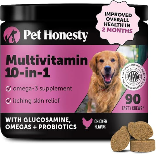 Pet Honesty Multivitamin Dog Supplement, Glucosamine Chondroitin for Dogs, Probiotics, Omega Fish Oil, Dog Supplements & Vitamins, Dog Vitamins for Skin and Coat Allergies, (Chicken 90 ct)