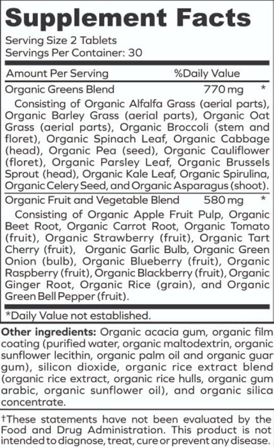 Green Fuel Organic Greens Tablets - Organic Greens, Fruit and Vegetable Blend