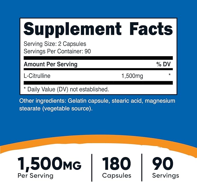 Nutricost L-Citrulline 1500mg, 180 Capsules - 750mg Per Capsule, Gluten Free, Non-GMO, Packaging May Vary