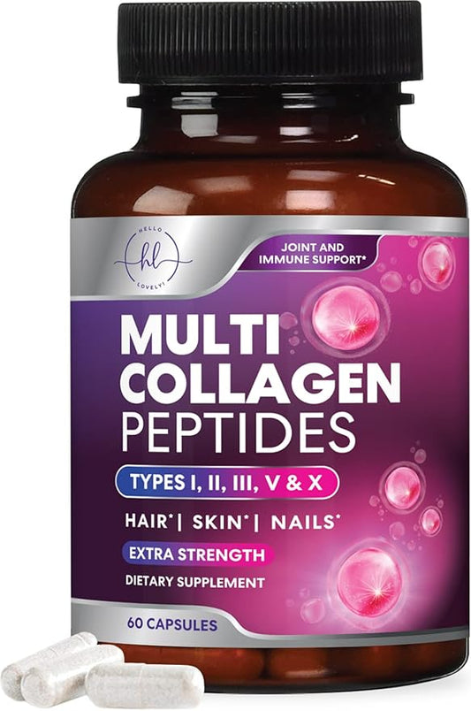 Collagen Peptides Powder Capsules for Women, 1800mg Hydrolyzed Collagen Type I, II, III, V & X, Hair, Nail, Skin, Bone & Joint Support, Collagen for Women & Men, Grass-Fed Collagen - 60 Capsules