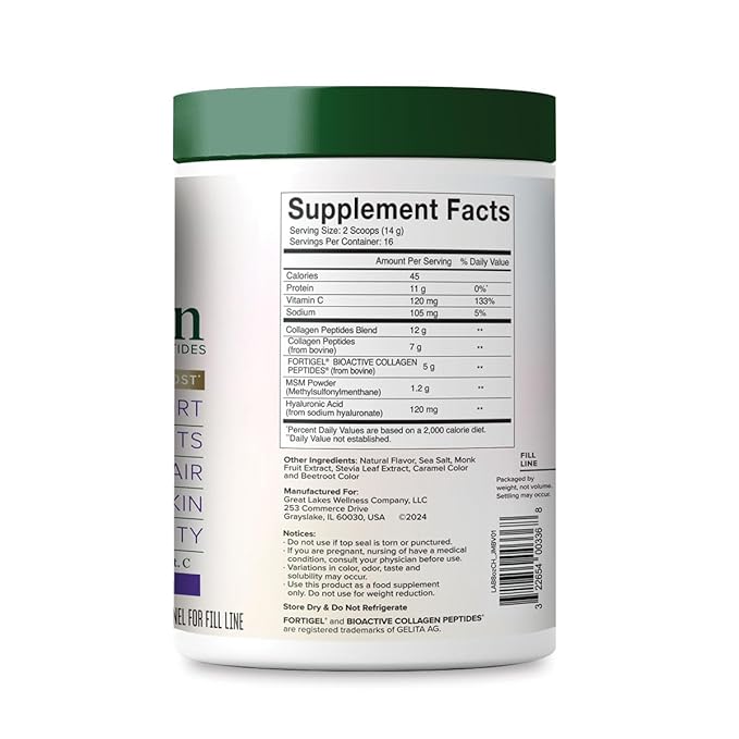 Great Lakes Wellness Movement Boost Advanced Collagen Peptides - MSM, Hyaluronic Acid, Vitamin C - Joint Mobility & Comfort - Caramel Flavor - Non-GMO, Keto, Kosher - 8 oz - Packaging May Vary