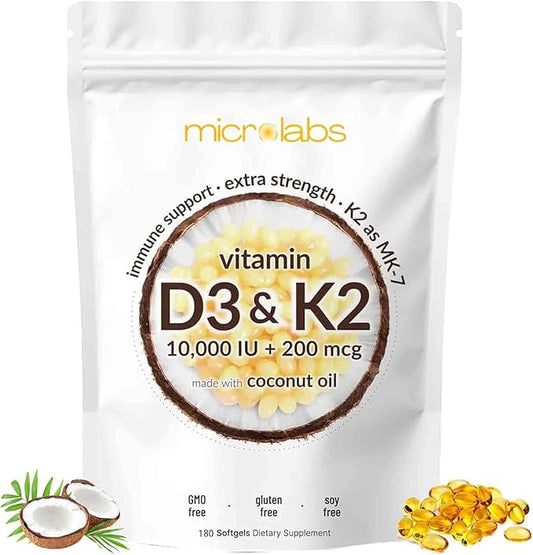 Microlabs D3 K2, Vitalboost Vitamin D3 K2 Supplement Softgels, 2-in-1 Vitamin D3 K2 Supplement Softgel, 10000 Iu VIT D3 + 200 Mcg Vitamin K2, Free of GMO, Gluten, Aiding in Calcium Absorption (180)