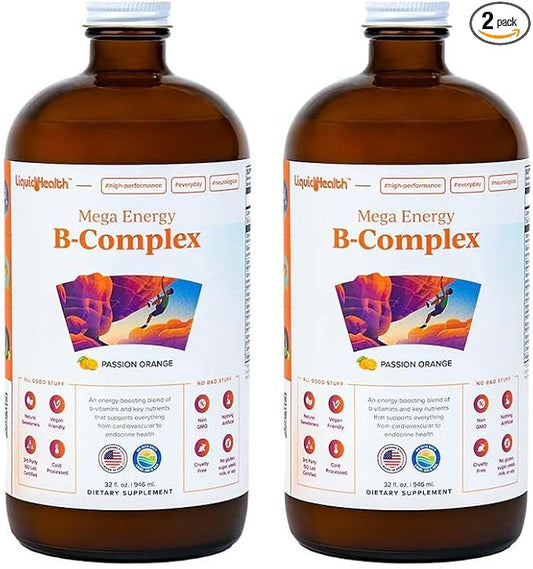 LIQUIDHEALTH Mega Energy Methylated B-Complex, Adult Liquid Vitamin Supplement - Increase Energy, Relieve Stress & Fatigue, Immune System Support, Heart & Gut Health - Vegan, Sugar-Free (2 Pack)