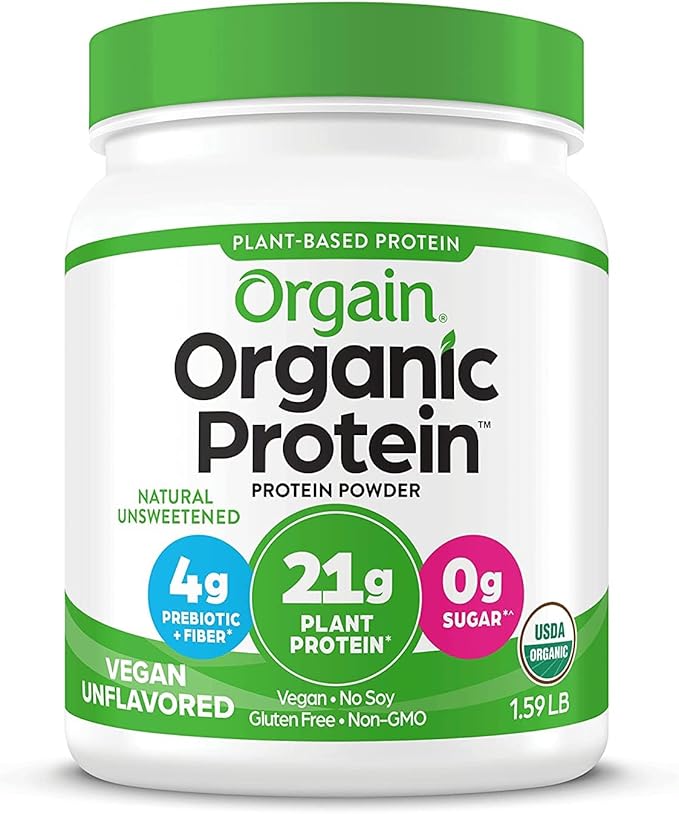 Orgain Organic Vegan Protein Powder, Natural Unsweetened - 21g of Plant Protein, 4g Prebiotic Fiber, Low Net Carbs, No Lactose Ingredients, No Added Sugar, Non-GMO, For Shakes & Smoothies, 1.59 lb