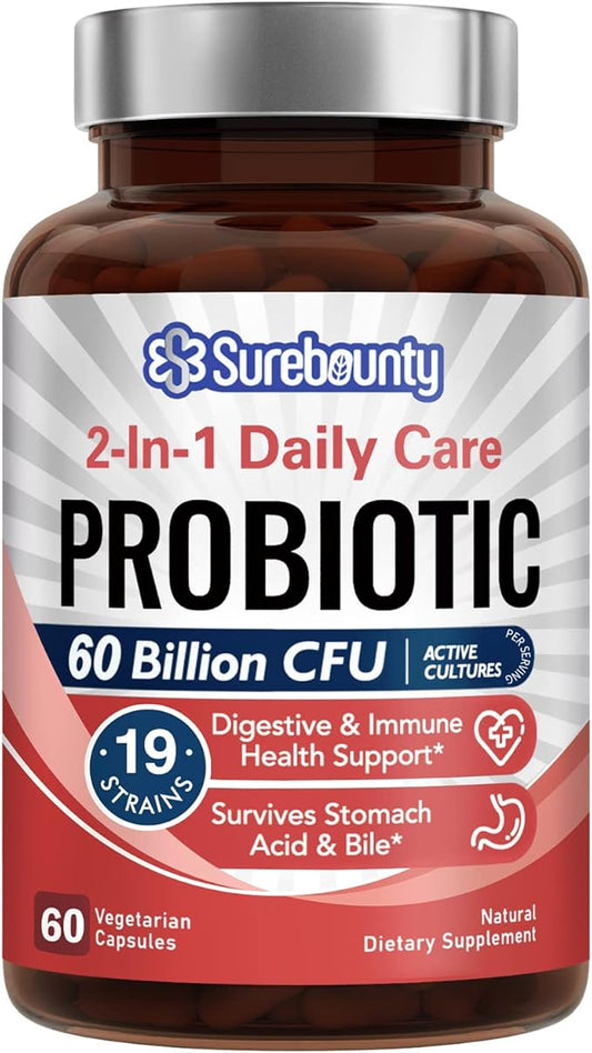 Probiotics 60 Billion CFU 19 Strains for Men & Women, with 100mg Prebiotic, Shelf Stable, 2-in-1 Daily Care Probiotic, Non-GMO, Digestive & Immune Health, 60 Veggie Capsules