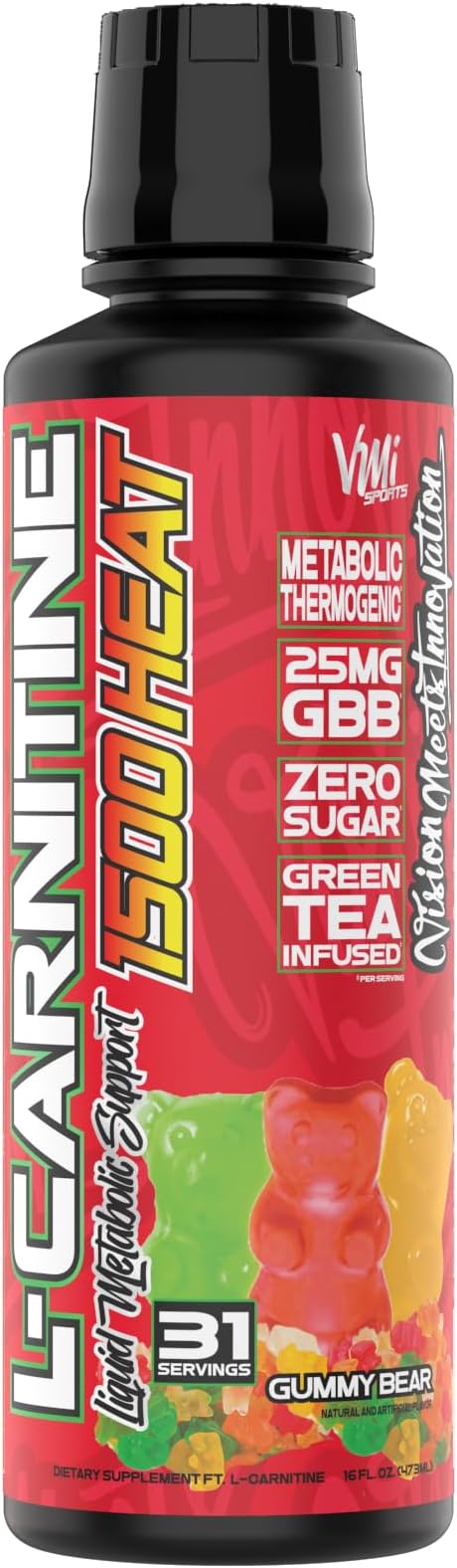 VMI Sports L-Carnitine 1500 Heat Stimulant Free Thermogenic Metabolic Support & Fat Loss for Men & Women | 1500mg L-Carnitine | Convenient Liquid (Gummy Bear)