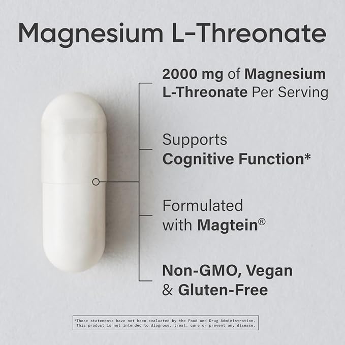 Sports Research Magtein Magnesium L-Threonate Capsules - Magnesium Supplement for Memory, Focus & Cognition - Magnesium L Threonate Supports Brain Health, Sleep & Mood- 2000mg, 180 Capsules for Adults