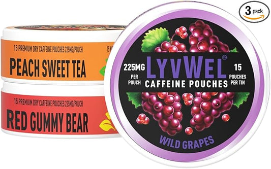 225mg Caffeine Energy Pouches | Nootropic Focus & Neuro Support | Tobacco-Free, Nicotine-Free, Quick Energy Solution | 3-Pack: 45 Pouches (3 Pack, Wild Grapes, Peach Sweet Tea, Red Gummy)