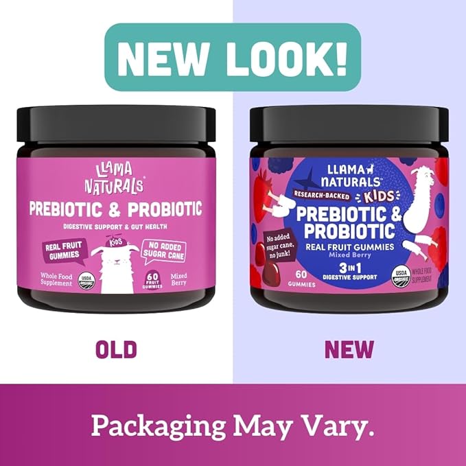 Llama Naturals Prebiotics and Probiotics for Kids, Real Fruit Gummy Vitamins, Probiotic Gummies with Prebiotic Fiber for Gut Health Support, No Sugar Added, Mixed Berry, 60 Ct (30-60 Day Supply)