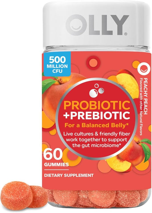 OLLY Probiotic + Prebiotic Gummy, Digestive Support and Gut Health, 500 Million CFUs, Fiber, Adult Chewable Supplement for Men and Women, Peach, 60 Day Supply - 60 Count