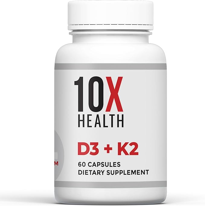 10X Health Vitamin D3 K2 - Loaded with 125 mcg Vitamin D and 90 mcg Vitamin K (Menaquinone 7) - D3 and K2 Supplements That Support Bone Health, Heart and Teeth - 60 Capsules