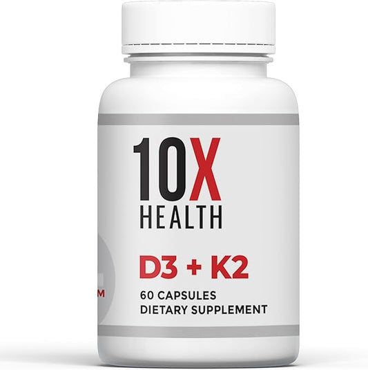 10X Health Vitamin D3 K2 - Loaded with 125 mcg Vitamin D and 90 mcg Vitamin K (Menaquinone 7) - D3 and K2 Supplements That Support Bone Health, Heart and Teeth - 60 Capsules
